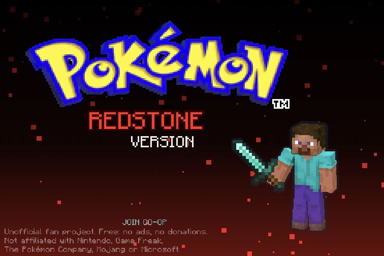 Pokémon Redstone title screen showing its Pokémon and Minecraft-style fan-game artwork
