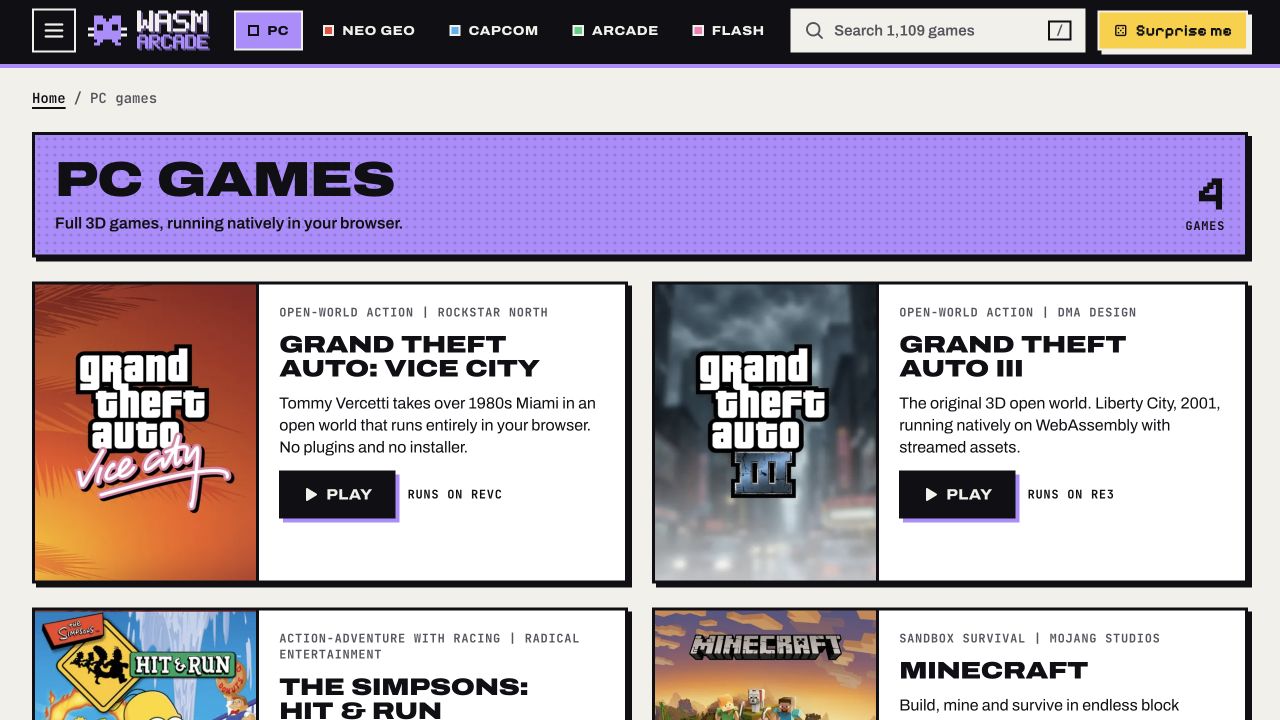 WASM Arcade PC games collection page with GTA Vice City, GTA III, The Simpsons Hit and Run, and Minecraft cards
