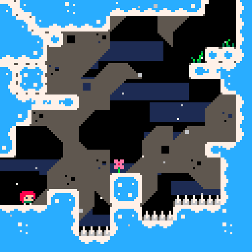 Celeste Classic original PICO-8 game screenshot showing Madeline at the base of a snowy mountain