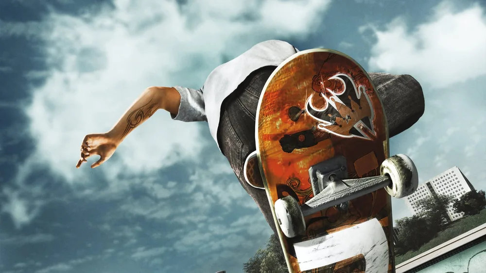 Skate 3 official artwork showing a skateboarder performing an aerial trick